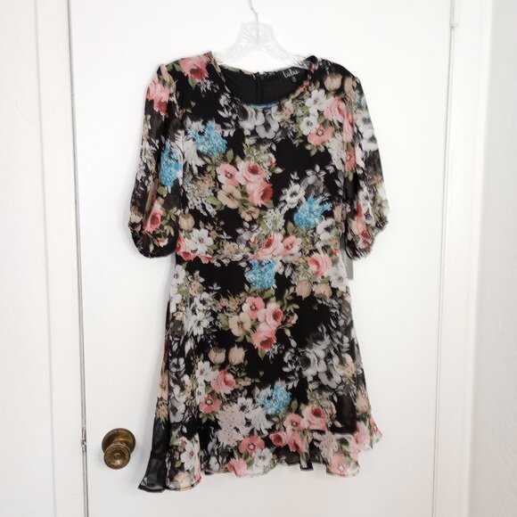 Lulu's Black Floral Chiffon Mini Dress - Picture 1 of 10